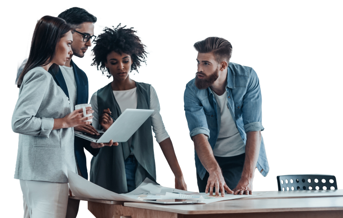 colleagues looking at table