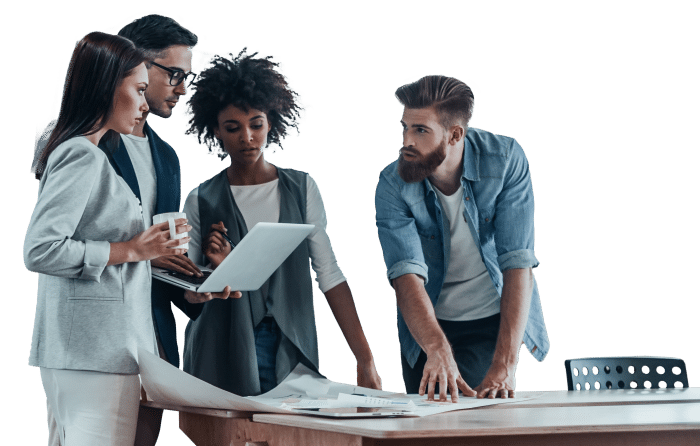 colleagues looking at table